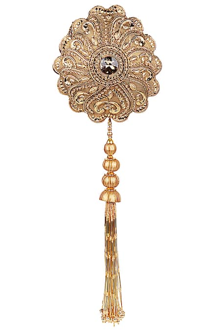 Puneet Gupta Gold Stones Carved Tassel Detail Clutch 