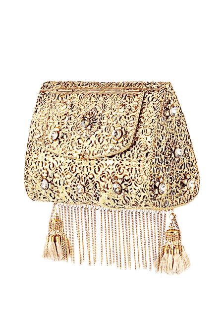 Puneet Gupta Gold Laser Cut Tassel Detail Clutch