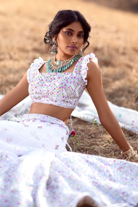 Gopi Vaid_White Blouse And Lehenga Cotton Silk Dupatta Organza Embroidered Bridal Set _at_Aza_Fashions