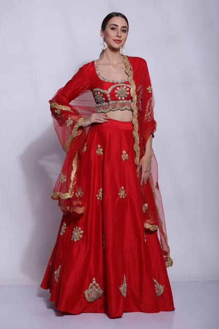 Sonali Gupta Red Silk, Viscose Pearls, Sequins Round Neck Embroidered Blouse Lehenga Set Online at Aza Fashions Sonali Gupta_Red Silk, Viscose Pearls, Sequins Round Neck Embroidered Blouse Lehenga Set _Online_at_Aza_Fashions
