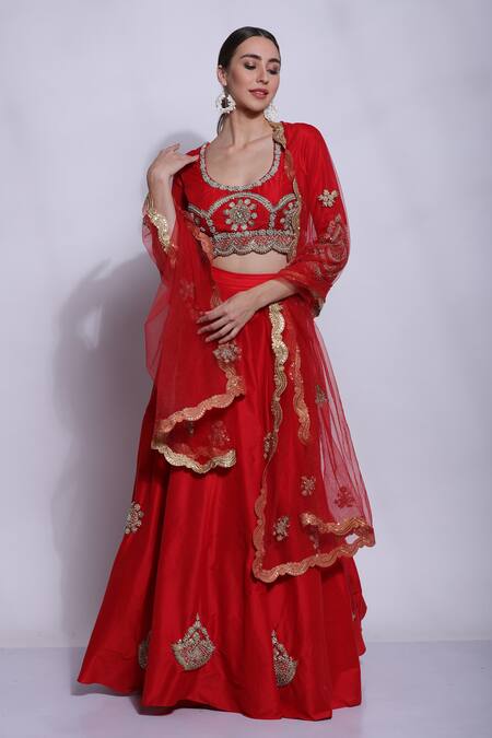 Buy Sonali Gupta Red Silk, Viscose Pearls, Sequins Round Neck Embroidered Blouse Lehenga Set Online at Aza Fashions Buy_Sonali Gupta_Red Silk, Viscose Pearls, Sequins Round Neck Embroidered Blouse Lehenga Set _Online_at_Aza_Fashions