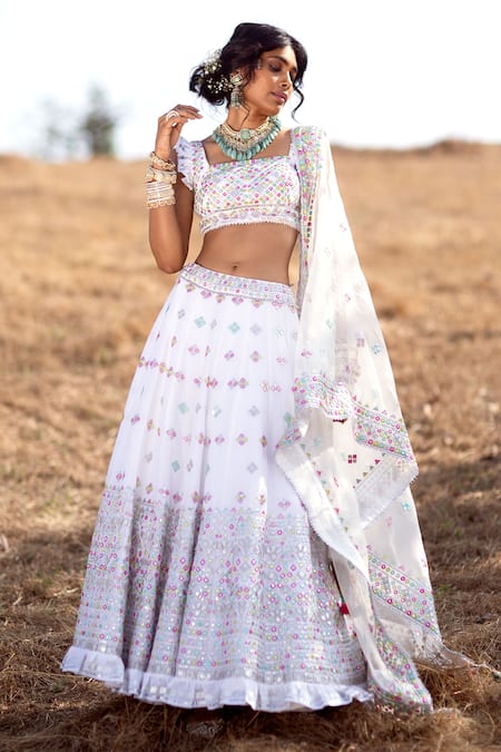 Gopi Vaid_White Blouse And Lehenga Cotton Silk Dupatta Organza Embroidered Bridal Set _Online_at_Aza_Fashions
