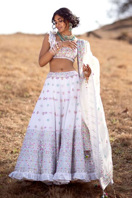 Buy_Gopi Vaid_White Blouse And Lehenga Cotton Silk Dupatta Organza Embroidered Bridal Set _Online_at_Aza_Fashions