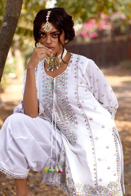 Shop_Gopi Vaid_White Kurta Silk Dhoti Round Embroidered And Pant Set_Online_at_Aza_Fashions