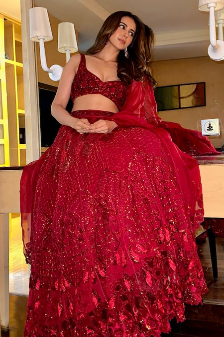 Buy_Mehak Murpana_Red Organza, Net, Lining Butter Crepe Cutdana, Embroidered Bridal Lehenga Set _Online_at_Aza_Fashions
