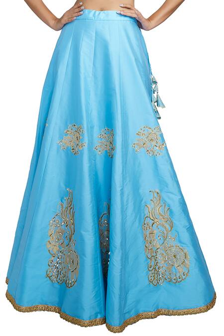 Shop_Bhairavi Jaikishan_Blue Net, Taffeta Halter Embroidered Lehenga Set_Online_at_Aza_Fashions