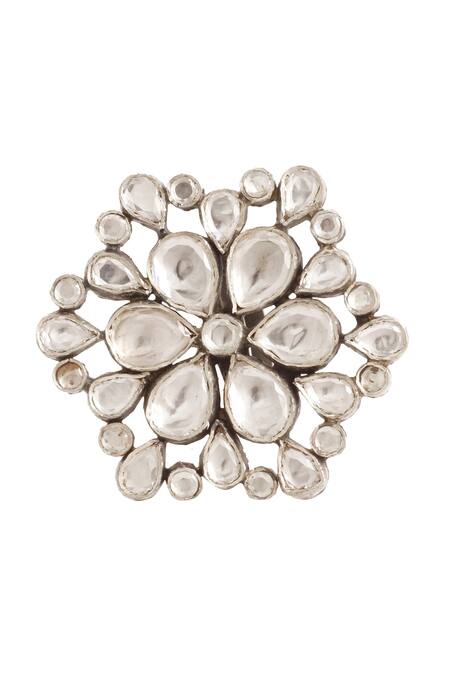 Sangeeta Boochra Silver Plated Imitation Diamonds Handmade Kundan Floral Ring
