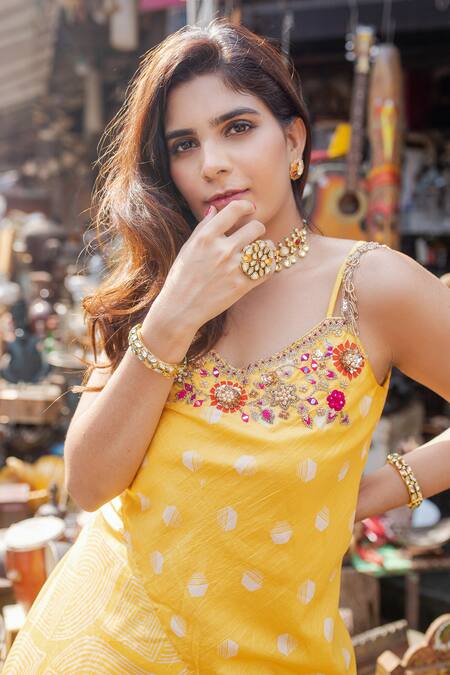 Buy_Riraan Couture_Yellow Cotton Satin, Rayon, Pure Silk V Neck Asymmetric Kurta And Dhoti Pant Set_Online_at_Aza_Fashions