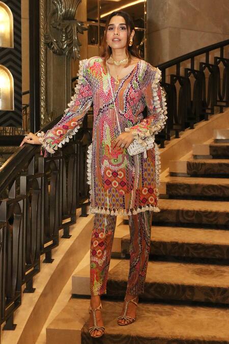 Buy_PS Pret By Payal Singhal_Multi Color Crepe Printed African V Neck Tunic And Pant Set _Online_at_Aza_Fashions
