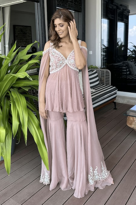 Shop Seema Thukral Pink Georgette, Organza, Draped Sleeve Embroidered Peplum Top With Gharara Online at Aza Fashions Shop_Seema Thukral_Pink Georgette, Organza, Draped Sleeve Embroidered Peplum Top With Gharara _Online_at_Aza_Fashions