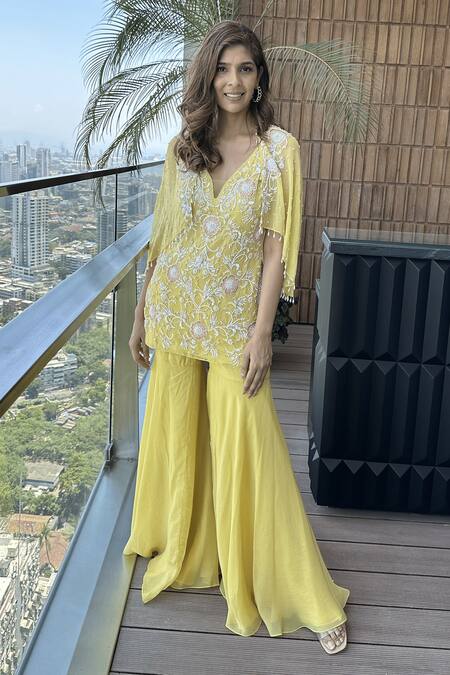 Shop_Seema Thukral_Yellow Georgette, Organza, Crepe Floral Hand Embroidered Kurta Gharara Set _Online_at_Aza_Fashions