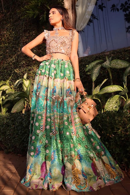 Payal Singhal Green Dupion Printed Animal Square Neck Lehenga Set