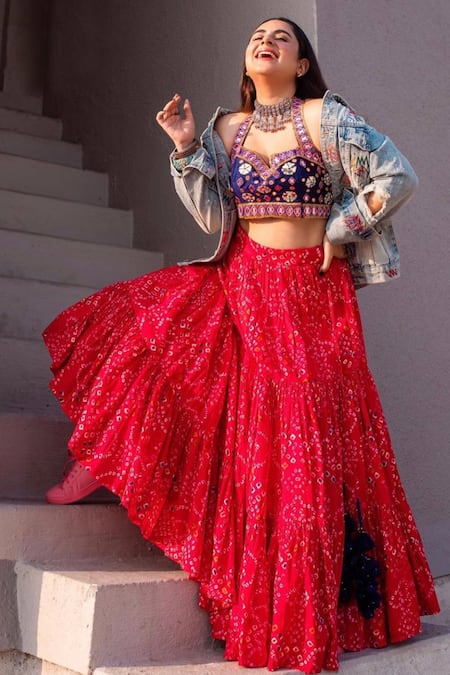 Party Wear Red Blue Lehenga 2007