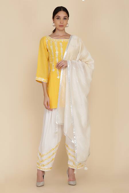 Anju & Harleen Yellow Sushi Linen Boat Embroidered Kurta Set 