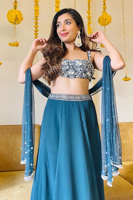 Buy_Maiti Shahani_Blue Tulle, Viscose Crepe Cutdana Work, Hand Embroidered Choli Lehenga Set _Online_at_Aza_Fashions