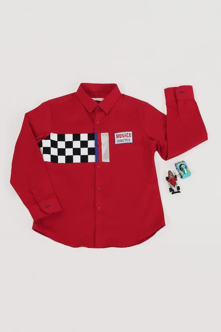 Partykles Red Cotton Satin Embroidery Shirt