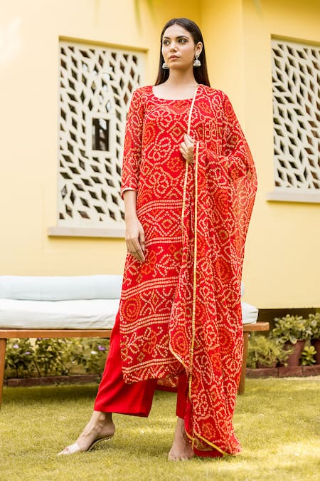 Gulabo Jaipur Red Georgette Round Bandhani Print Kurta Set 