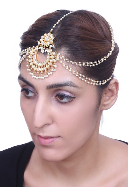 Shop_Just Shradhas_Gold Plated Kundan And Pearl Mathapathi _at_Aza_Fashions