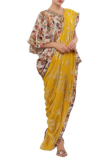 Nikasha_Yellow Crepe Silk V Neck Printed Dhoti Pant Saree With Blouse _Online_at_Aza_Fashions