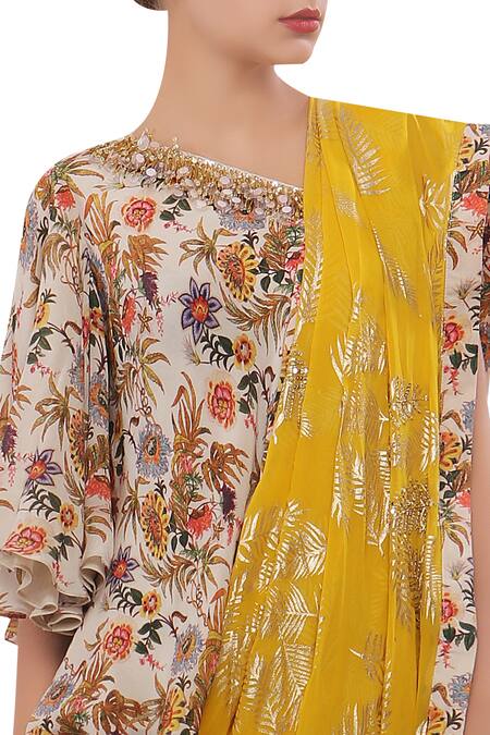 Shop_Nikasha_Yellow Crepe Silk V Neck Printed Dhoti Pant Saree With Blouse _Online_at_Aza_Fashions