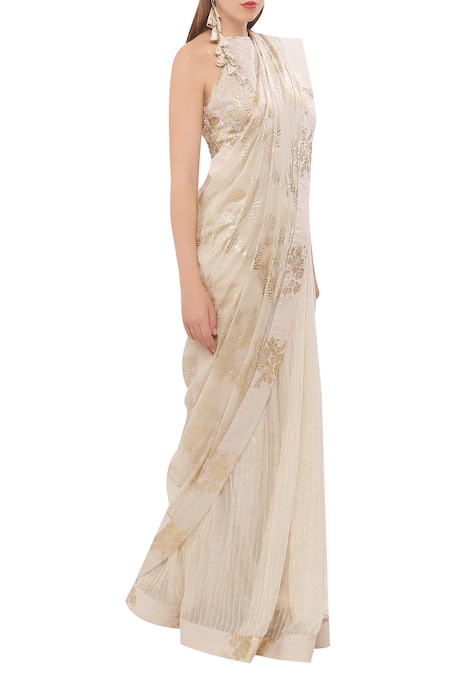 Nikasha White Halter Foil Print Saree With Blouse 