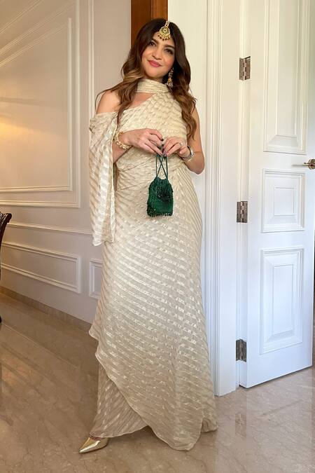 Shop Palak & Mehak White Georgette Thread Work Square Neck Pre-draped Saree Gown Shop_Palak & Mehak_White Georgette Thread Work Square Neck Pre-draped Saree Gown