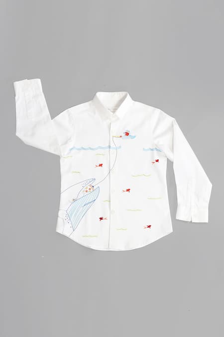 Partykles White Cotton Satin Embroidery Shirt 