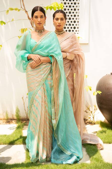 Shop_Aarti Sethia_Blue Pure Kota Tussar Silk Embroidery Sweetheart Neck Leheriya Saree With Blouse _Online_at_Aza_Fashions