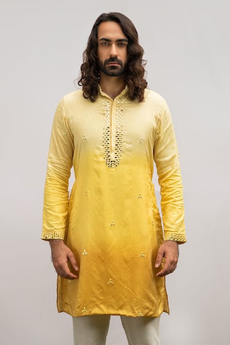 Kaka Calcutta Yellow Bamboo, Cotton, Silk Embroidery, Ombre Shaded Kurta Pyjama Pant Set Online at Aza Fashions Kaka Calcutta_Yellow Bamboo, Cotton, Silk Embroidery, Ombre Shaded Kurta Pyjama Pant Set _Online_at_Aza_Fashions