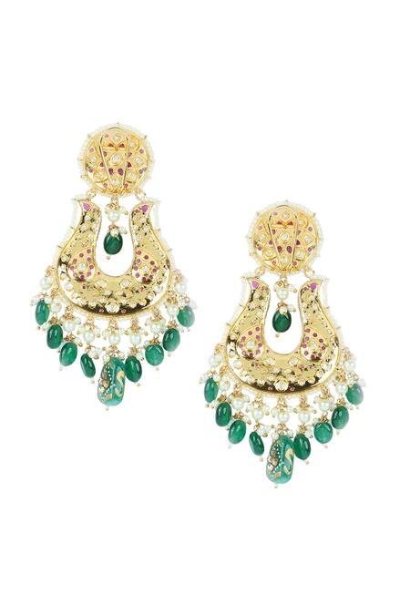 Auraa Trends_Red Stones, Pearls, Diamonds Polki Embellished Chandelier Earrings _at_Aza_Fashions
