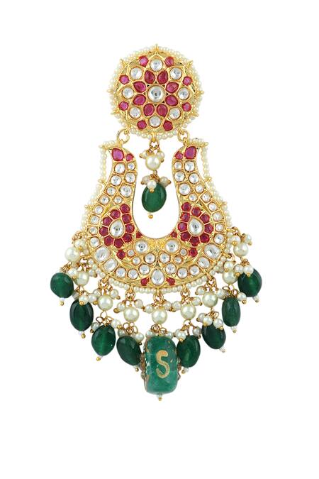 Buy_Auraa Trends_Red Stones, Pearls, Diamonds Polki Embellished Chandelier Earrings _Online_at_Aza_Fashions