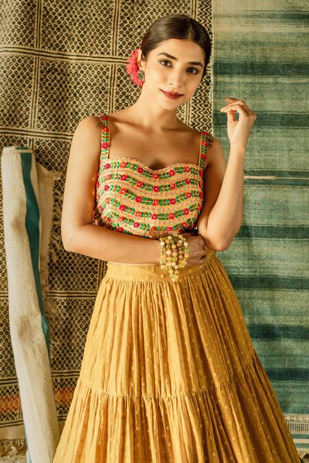 Shop Shachi Sood Yellow Chanderi Silk Blouse Fine Chanderi, Lehenga Dupion Tiered And Set Online at Aza Fashions Shop_Shachi Sood_Yellow Chanderi Silk Blouse Fine Chanderi, Lehenga Dupion Tiered And Set _Online_at_Aza_Fashions