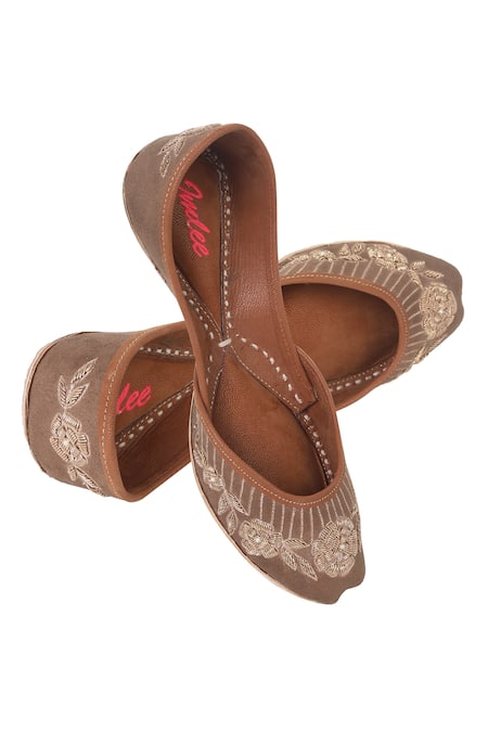 Shop Imlee Jaipur Brown Zardozi Embroidered Mojaris at Aza Fashions Shop_Imlee Jaipur_Brown Zardozi Embroidered Mojaris _at_Aza_Fashions