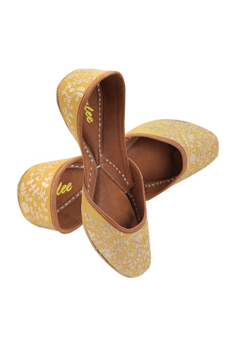Shop Imlee Jaipur Yellow Silk Embroidered Juttis at Aza Fashions Shop_Imlee Jaipur_Yellow Silk Embroidered Juttis _at_Aza_Fashions