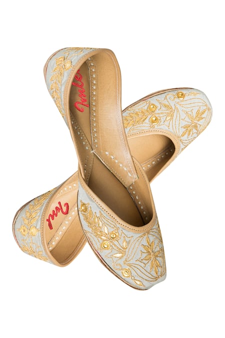 Shop Imlee Jaipur Blue Embroidered Silk Juttis at Aza Fashions Shop_Imlee Jaipur_Blue Embroidered Silk Juttis _at_Aza_Fashions