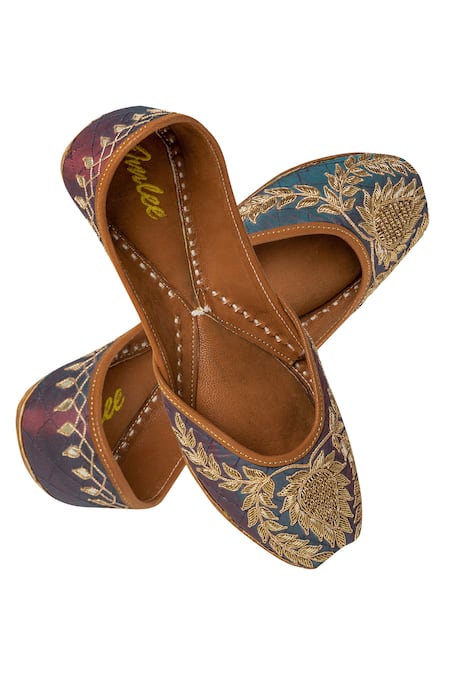 Shop Imlee Jaipur Blue Embroidered Silk Juttis at Aza Fashions Shop_Imlee Jaipur_Blue Embroidered Silk Juttis _at_Aza_Fashions