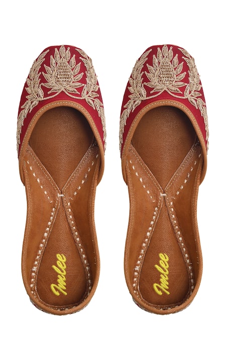 Imlee Jaipur Red Silk Embroidered Juttis