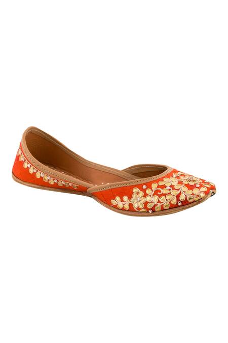 Imlee Jaipur_Orange Embroidered Silk Juttis _Online_at_Aza_Fashions