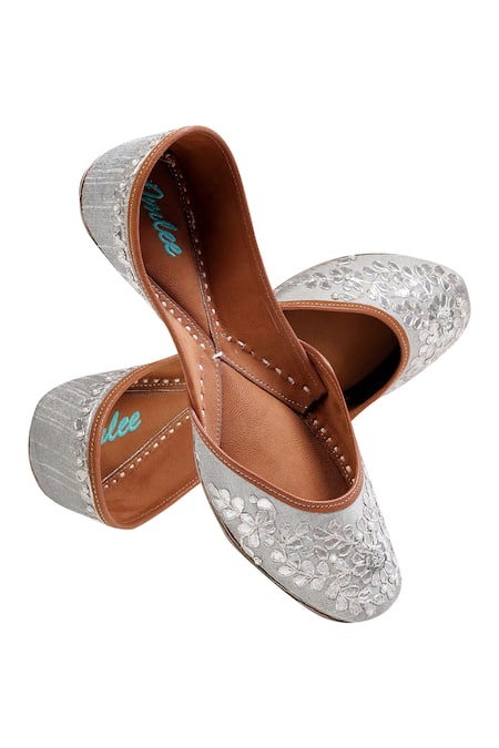 Shop Imlee Jaipur Silver Embroidered Silk Juttis at Aza Fashions Shop_Imlee Jaipur_Silver Embroidered Silk Juttis _at_Aza_Fashions