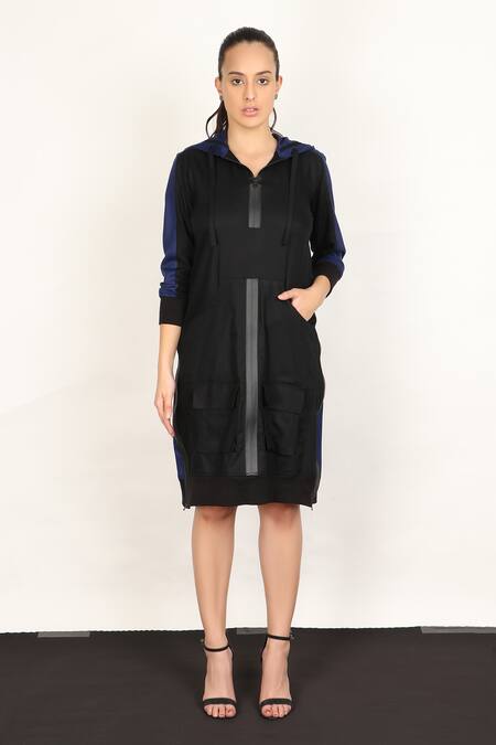 I Am Trouble By KC_Black Modal Rayon Twill V Neck Hoodie Midi Dress_Online_at_Aza_Fashions