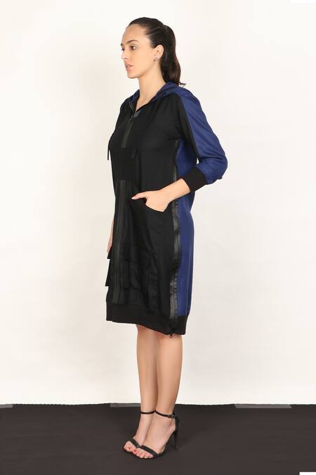 Buy_I Am Trouble By KC_Black Modal Rayon Twill V Neck Hoodie Midi Dress_Online_at_Aza_Fashions