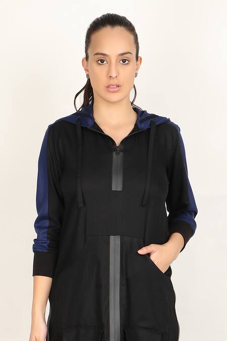 Shop_I Am Trouble By KC_Black Modal Rayon Twill V Neck Hoodie Midi Dress_Online_at_Aza_Fashions