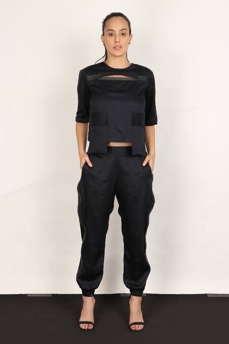 I Am Trouble By KC_Black Cotton Satin Round Jogger Pant Set_Online_at_Aza_Fashions