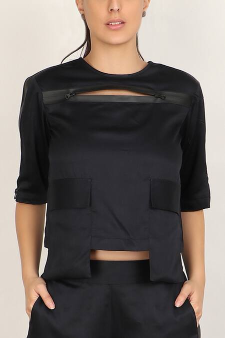 Buy_I Am Trouble By KC_Black Cotton Satin Round Jogger Pant Set_Online_at_Aza_Fashions