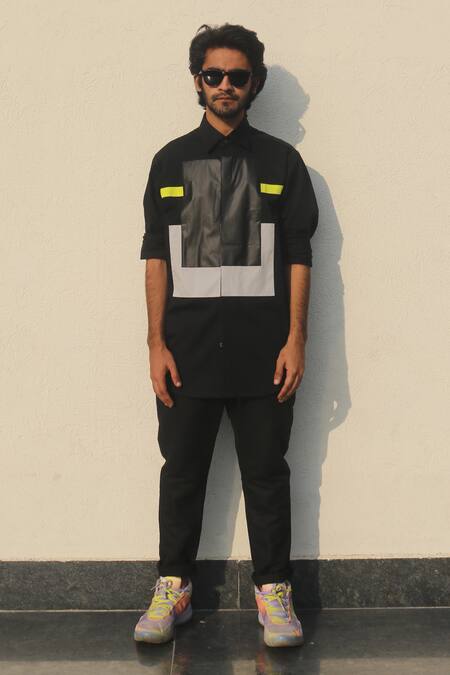 Shop I Am Trouble By KC Black Cotton Patchwork Shirt at Aza Fashions Shop_I Am Trouble By KC_Black Cotton Patchwork Shirt_at_Aza_Fashions