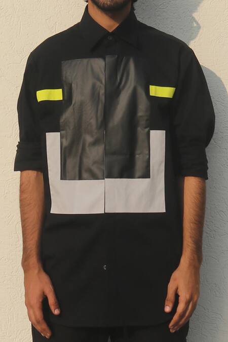 I Am Trouble By KC Black Cotton Patchwork Shirt Online at Aza Fashions I Am Trouble By KC_Black Cotton Patchwork Shirt_Online_at_Aza_Fashions