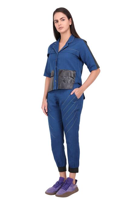 Buy_I Am Trouble By KC_Blue Linen Top And Pant Set_Online_at_Aza_Fashions
