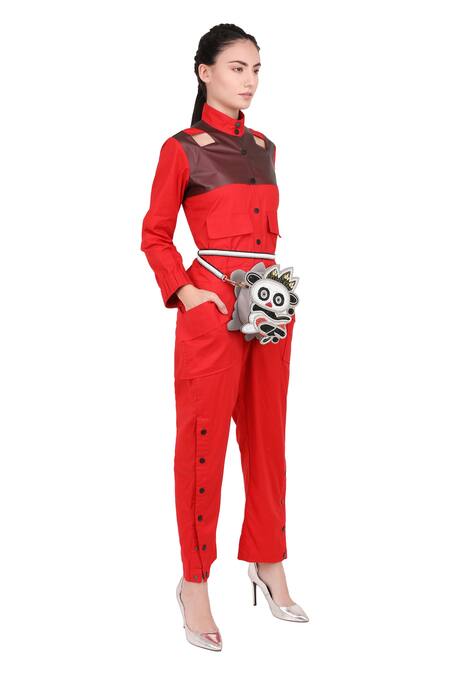 I Am Trouble By KC_Red Textured Cotton Band Jumpsuit_Online_at_Aza_Fashions