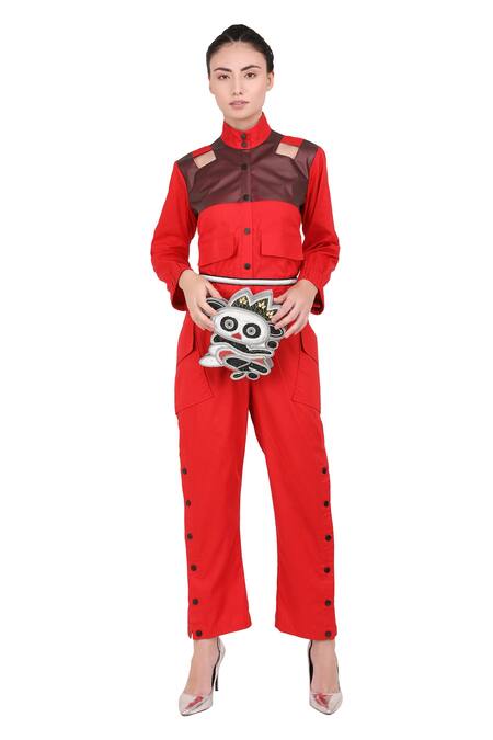 Shop_I Am Trouble By KC_Red Textured Cotton Band Jumpsuit_Online_at_Aza_Fashions