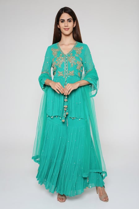 Buy Bha Sha Green Georgette, Net, Linen Beads V-neck Ina Embroidered Tunic Sharara Set Online at Aza Fashions Buy_Bha Sha_Green Georgette, Net, Linen Beads V-neck Ina Embroidered Tunic Sharara Set _Online_at_Aza_Fashions